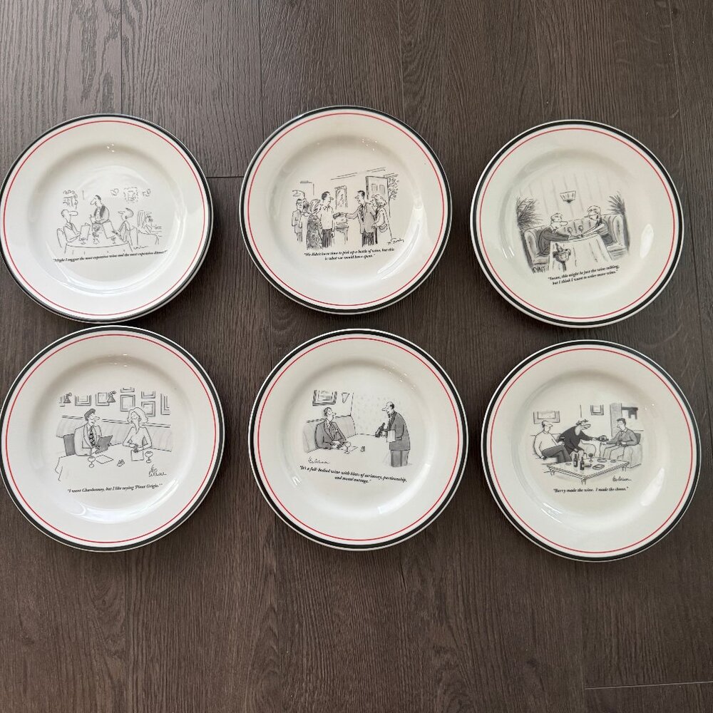 LOT OF 6 THE NEW YORKER CARTOON COMIC WINE THEME PLATES RESTORATION HARDWARE